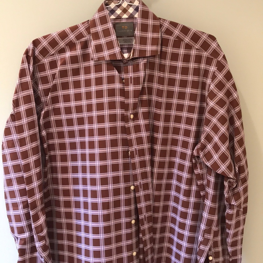 Thomas Dean brown and purple plaid shirt